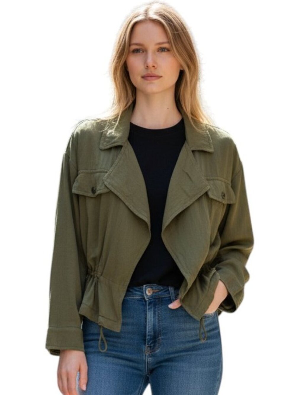 Frye & Co Olive Green Utility Jacket Drawstring Waist Military Style Lightweight